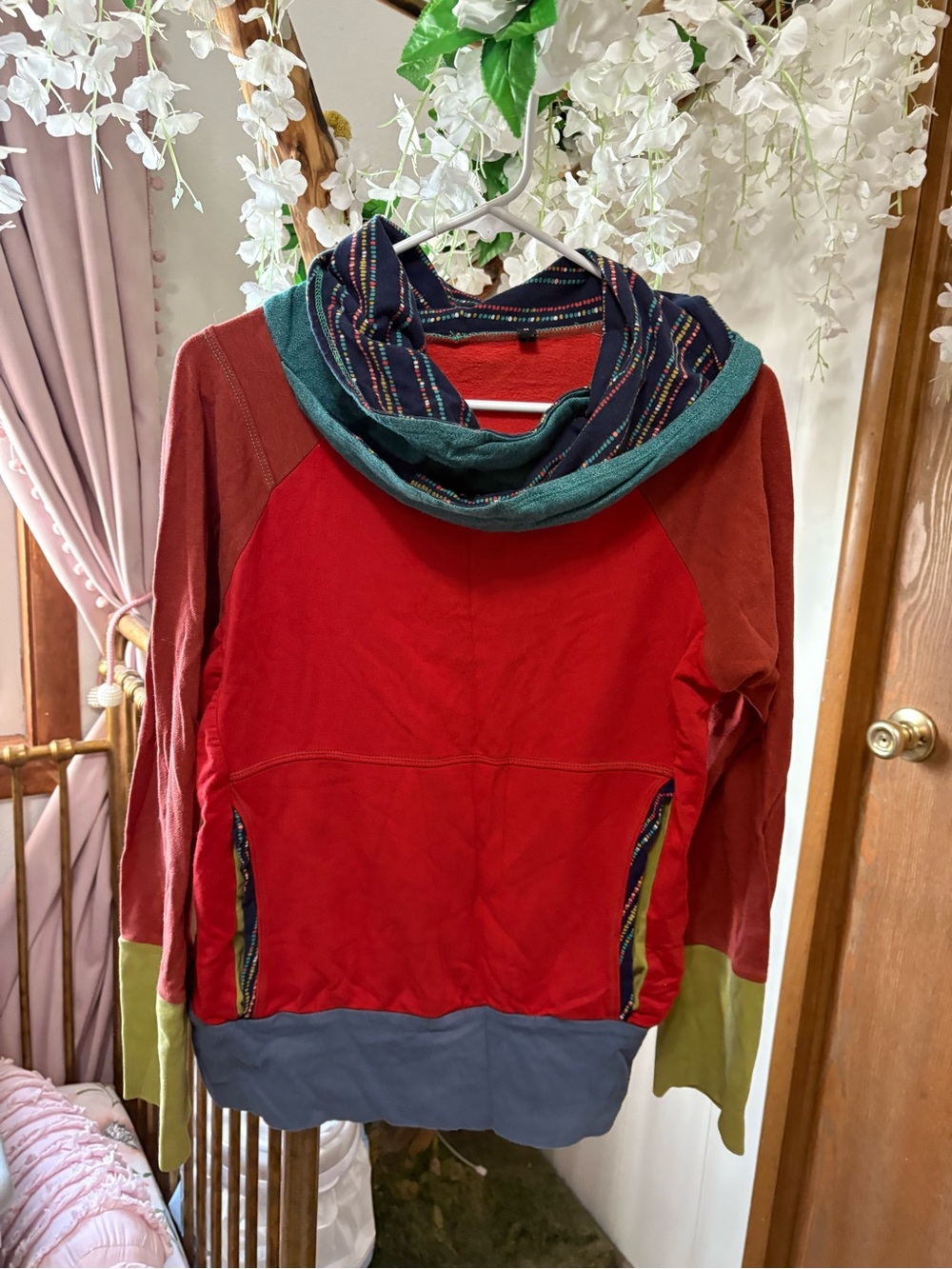 Women’s Red Patchwork Cowl Neck Sweater